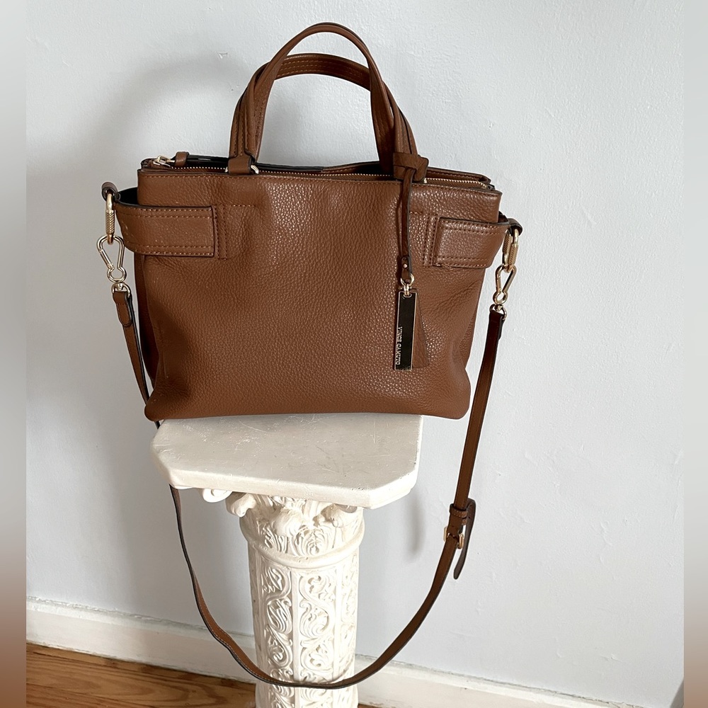 Vince Camuto Davy Dark Rum Brown Leather Accordion Satchel Crossbody Handle Bag